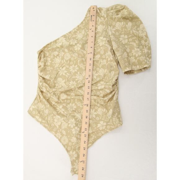Intimately Free People Bodysuit One Shoulder Puff Sleeve Floral Green Tan NWT L - Picture 5 of 12